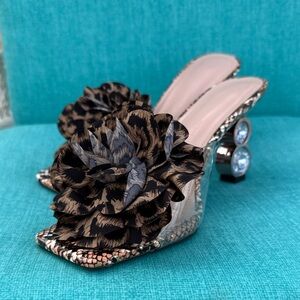 Embellished Floral Slide Heels in Brown & Black
